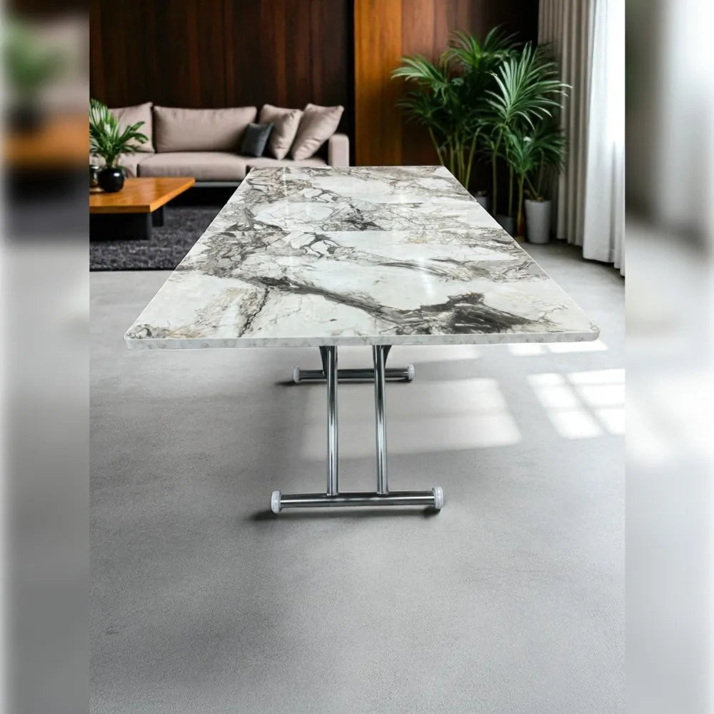 Ortadan Açılır Akıllı Masa Üst Mdf Beyaz Mermer Alt Ayak Krom Kaplama