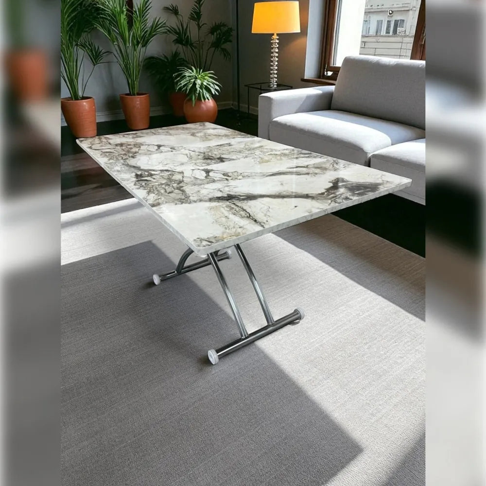 Ortadan Açılır Akıllı Masa Üst Mdf Beyaz Mermer Alt Ayak Krom Kaplama