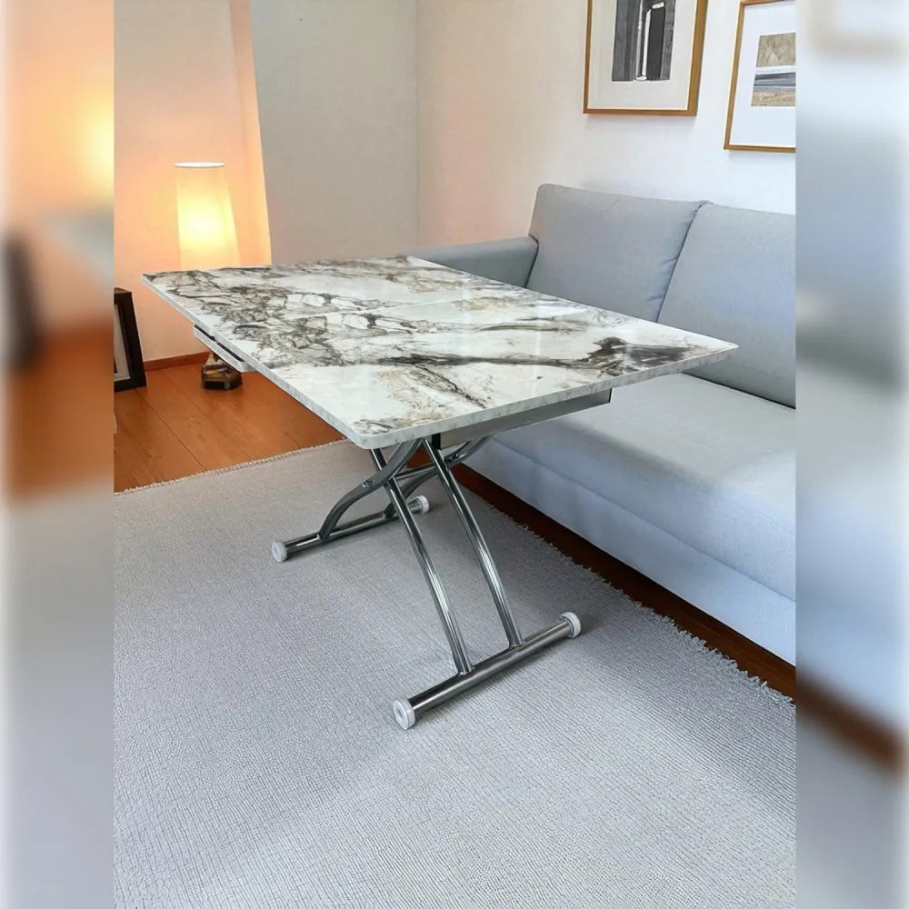 Ortadan Açılır Akıllı Masa Üst Mdf Beyaz Mermer Alt Ayak Krom Kaplama