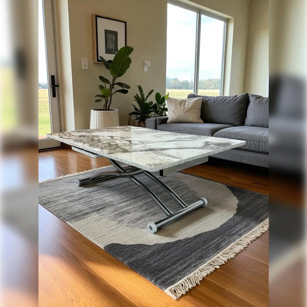 Ortadan Açılır Akıllı Masa Üst Mdf Beyaz Mermer Alt Ayak Krom Kaplama