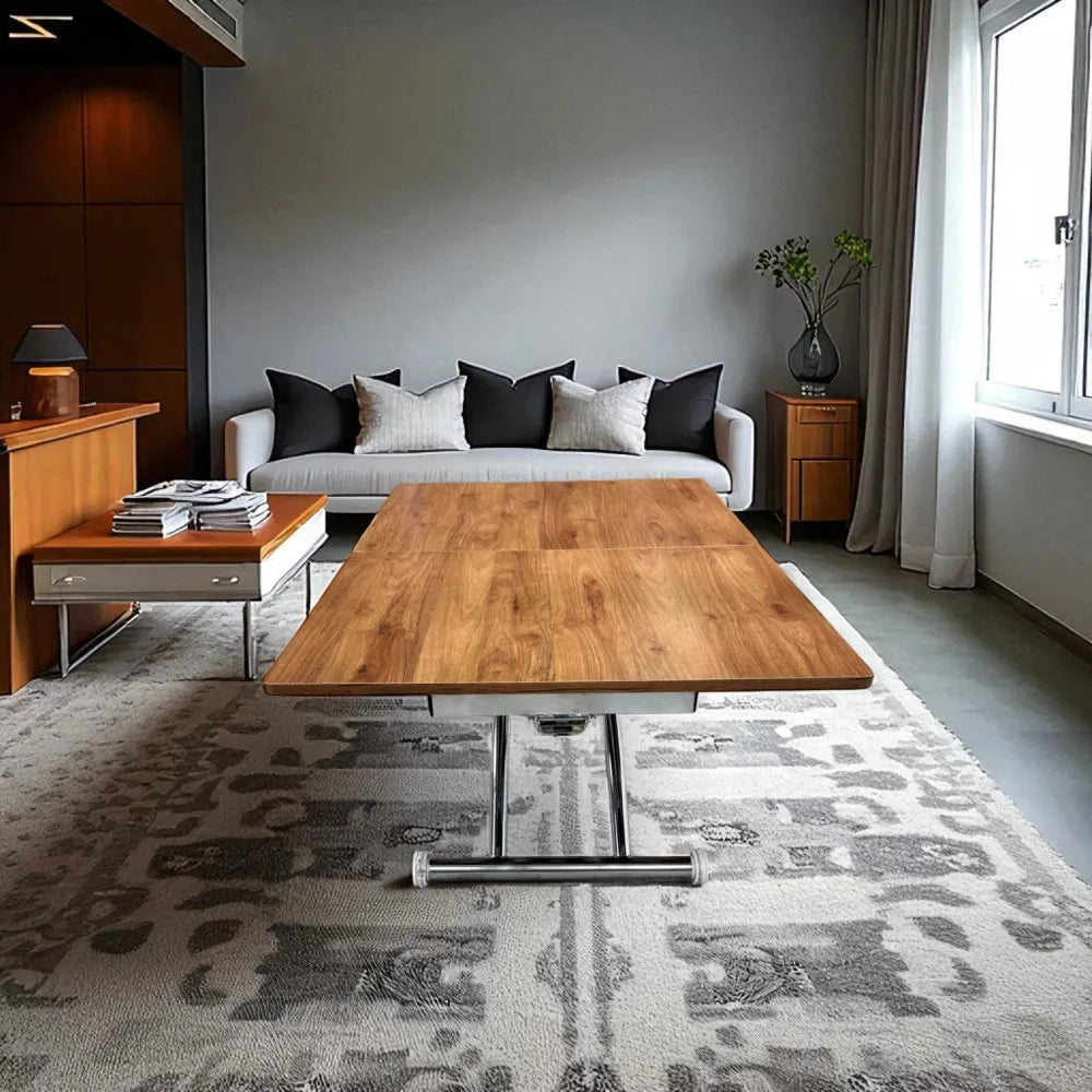 Ortadan Açılır Akıllı Masa Üst Mdf Ceviz Alt Ayak Krom Kaplama