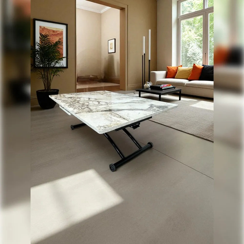 Ortadan Açılır Akıllı Masa Üst Mdf Beyaz Mermer Alt Ayak Siyah Renk