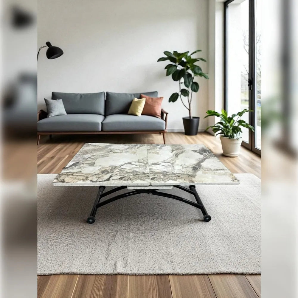 Ortadan Açılır Akıllı Masa Üst Mdf Beyaz Mermer Alt Ayak Siyah Renk