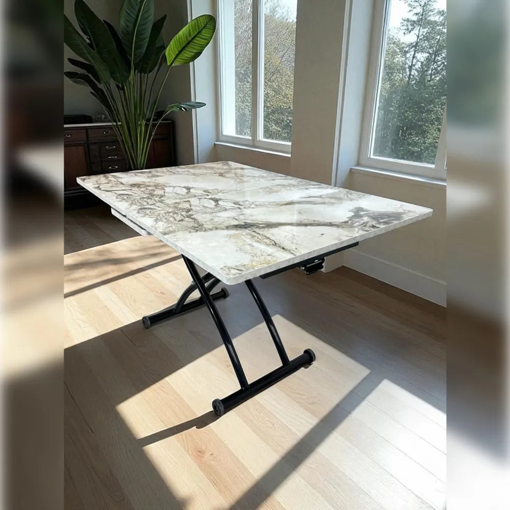 Ortadan Açılır Akıllı Masa Üst Mdf Beyaz Mermer Alt Ayak Siyah Renk