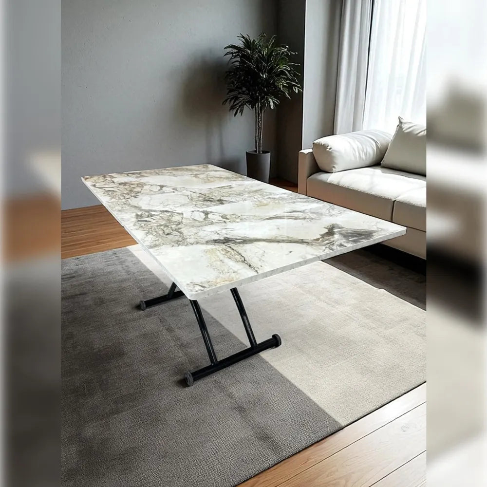 Ortadan Açılır Akıllı Masa Üst Mdf Beyaz Mermer Alt Ayak Siyah Renk