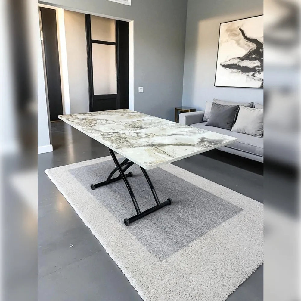 Ortadan Açılır Akıllı Masa Üst Mdf Beyaz Mermer Alt Ayak Siyah Renk