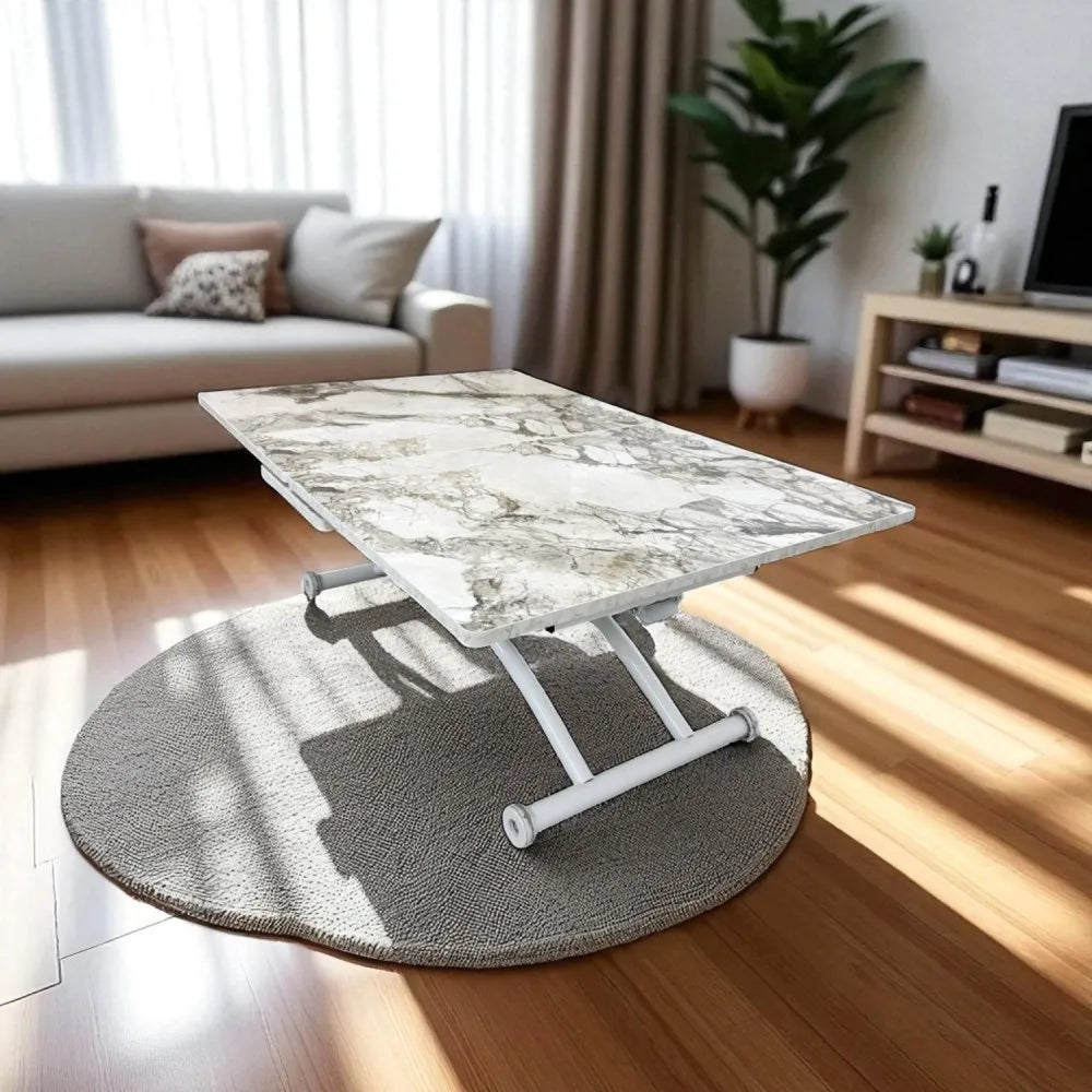 Ortadan Açılır Akıllı Masa Üst Mdf Beyaz Mermer Alt Ayak Beyaz Renk