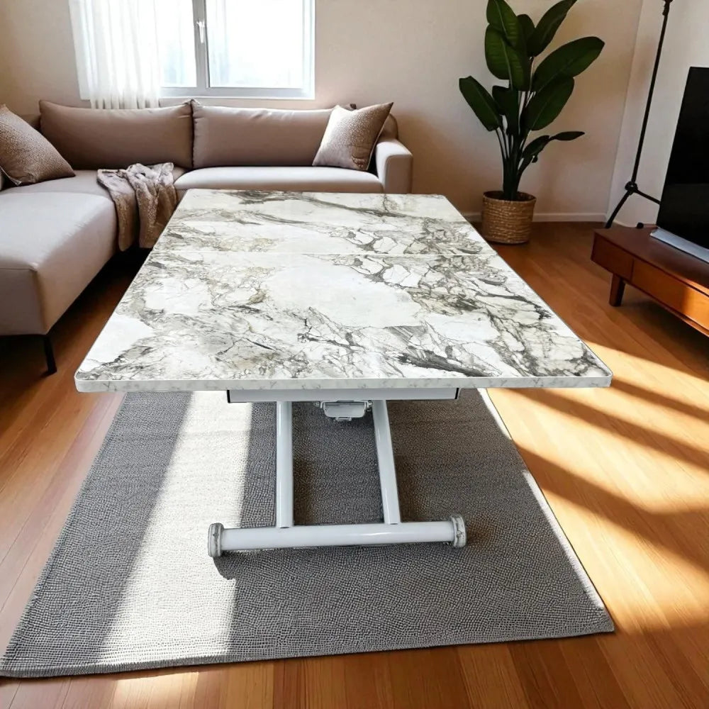 Ortadan Açılır Akıllı Masa Üst Mdf Beyaz Mermer Alt Ayak Beyaz Renk