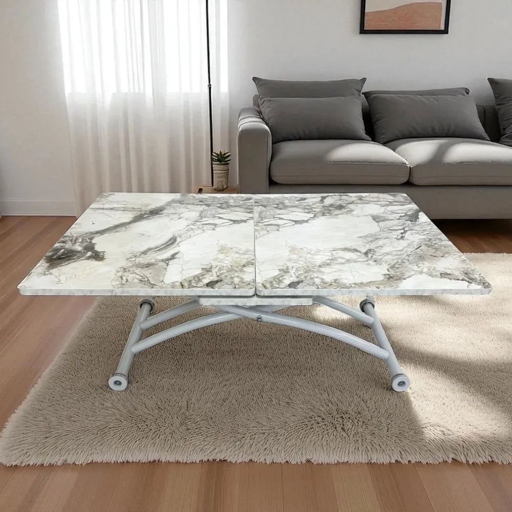 Ortadan Açılır Akıllı Masa Üst Mdf Beyaz Mermer Alt Ayak Beyaz Renk