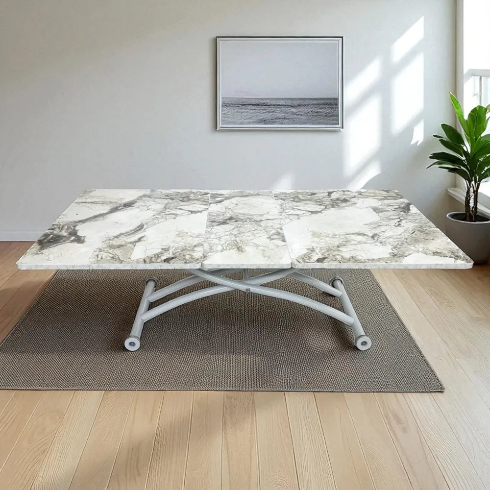 Ortadan Açılır Akıllı Masa Üst Mdf Beyaz Mermer Alt Ayak Beyaz Renk