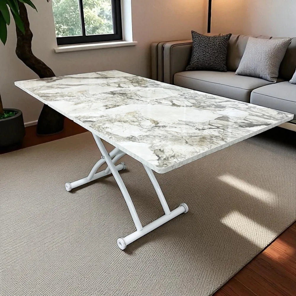 Ortadan Açılır Akıllı Masa Üst Mdf Beyaz Mermer Alt Ayak Beyaz Renk