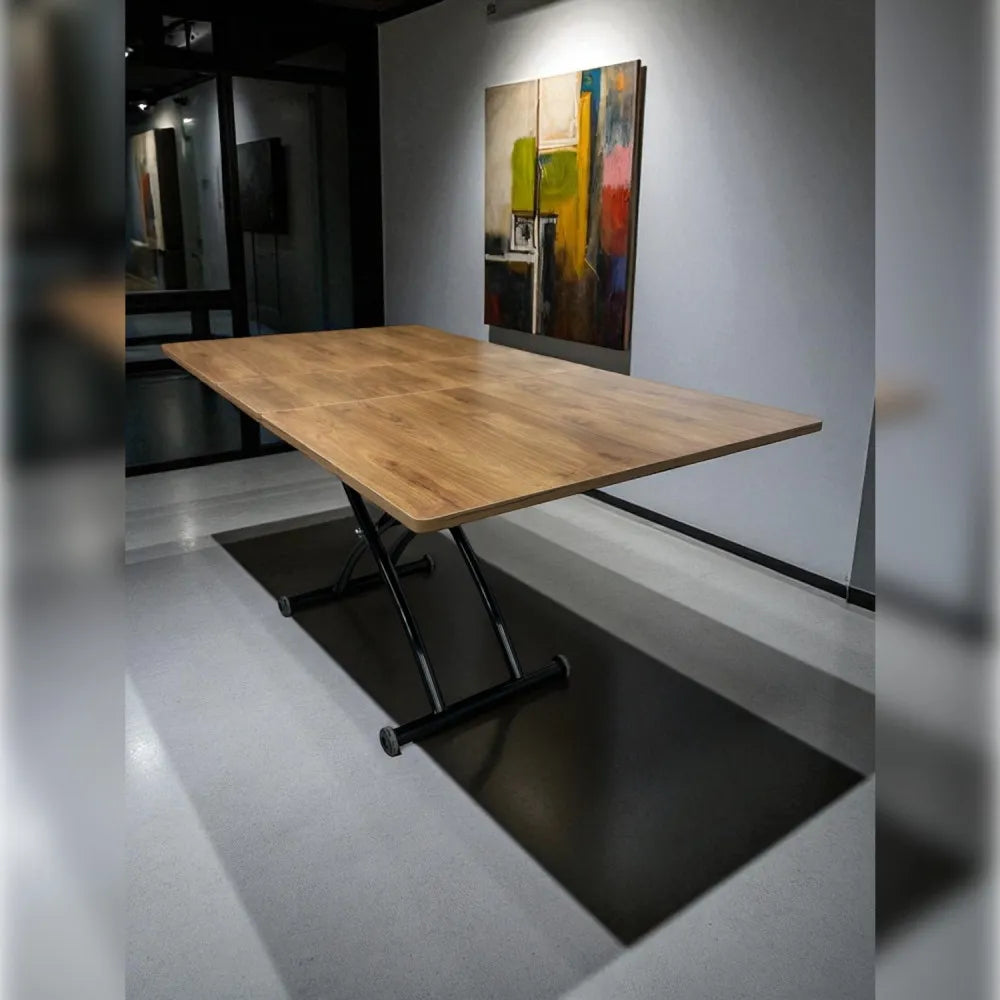 Ortadan Açılır Akıllı Masa Üst Mdf Ceviz Alt Ayak Siyah Renk