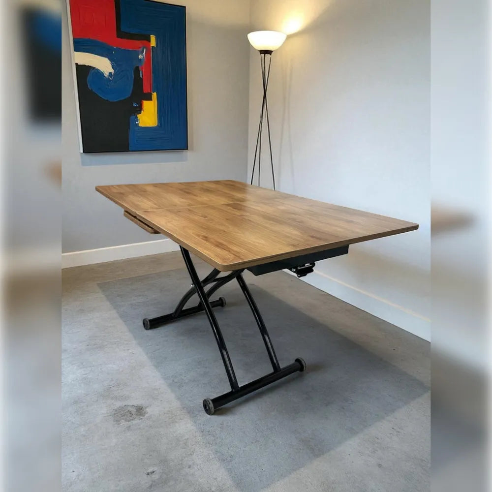 Ortadan Açılır Akıllı Masa Üst Mdf Ceviz Alt Ayak Siyah Renk