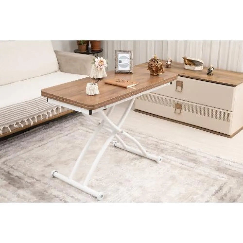 Mini Juppo Dışa K Akıllı Sehpa Üst Tabla Mdf Ceviz Oval Köşe Alt Beyaz Renk