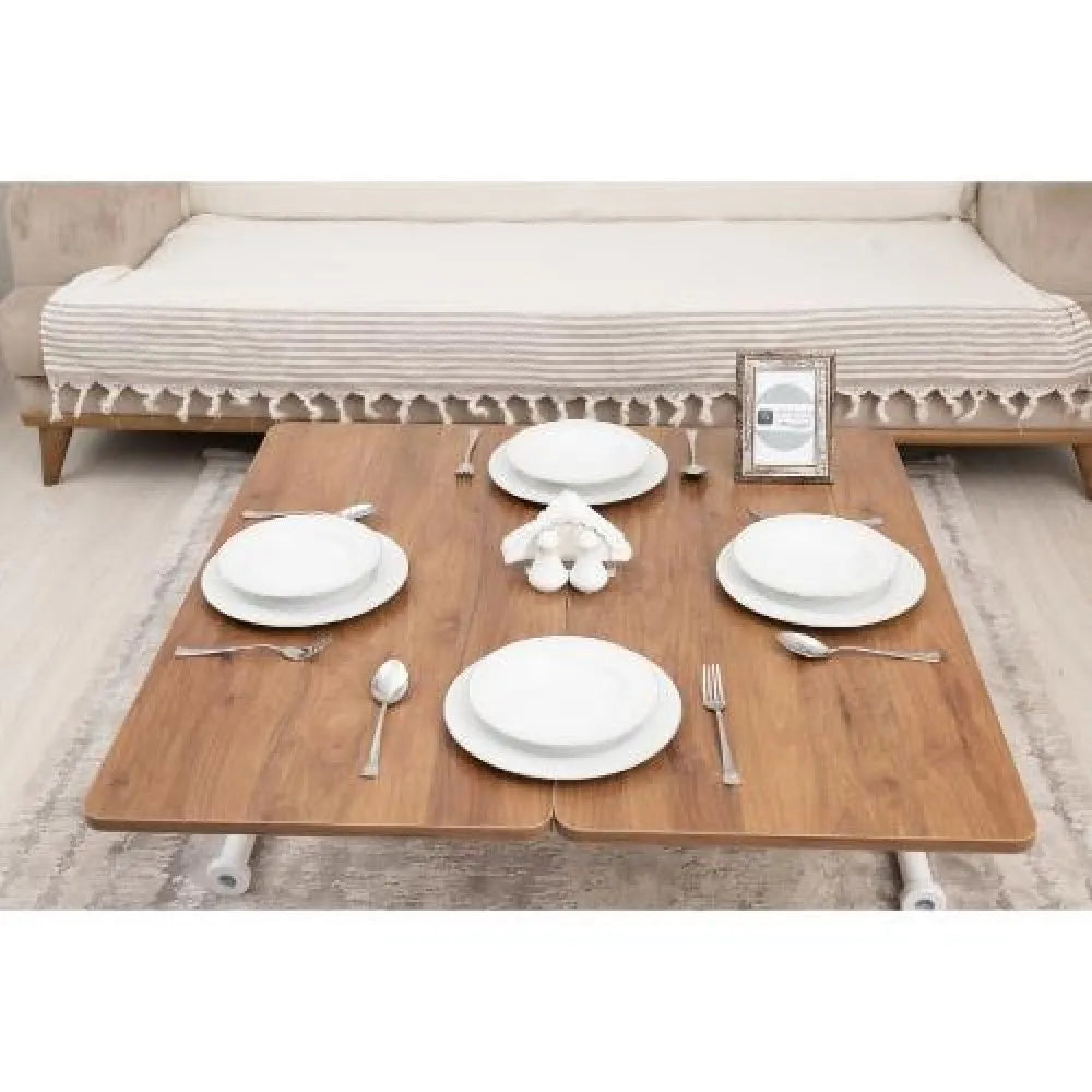 Mini Juppo Dışa K Akıllı Sehpa Üst Tabla Mdf Ceviz Oval Köşe Alt Beyaz Renk