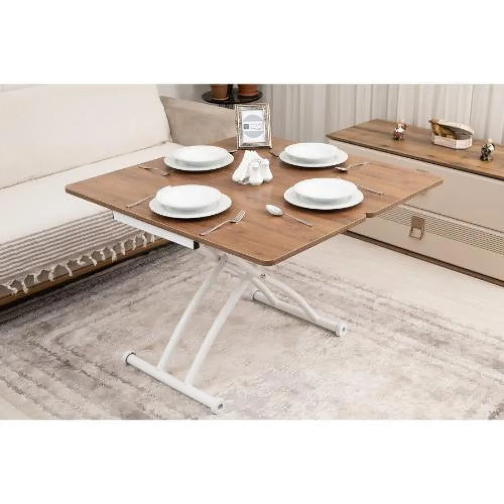 Mini Juppo Dışa K Akıllı Sehpa Üst Tabla Mdf Ceviz Oval Köşe Alt Beyaz Renk