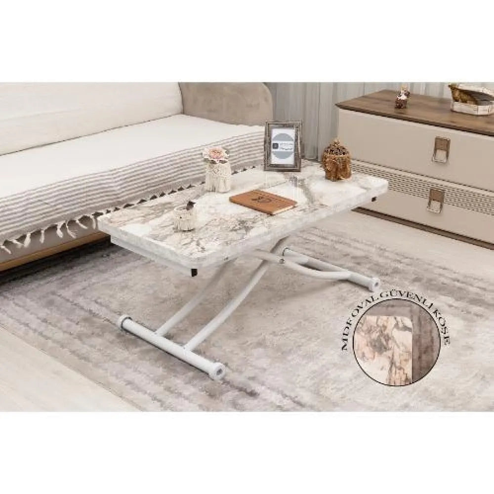 Mini Juppo İçe K Akıllı Sehpa Üst Tabla Mdf Beyaz Mermer Oval Köşe Alt Beyaz Renk