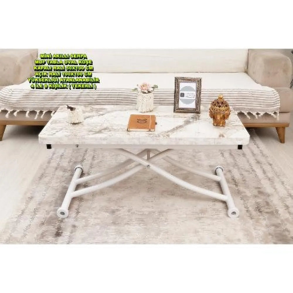 Mini Juppo İçe K Akıllı Sehpa Üst Tabla Mdf Beyaz Mermer Oval Köşe Alt Beyaz Renk