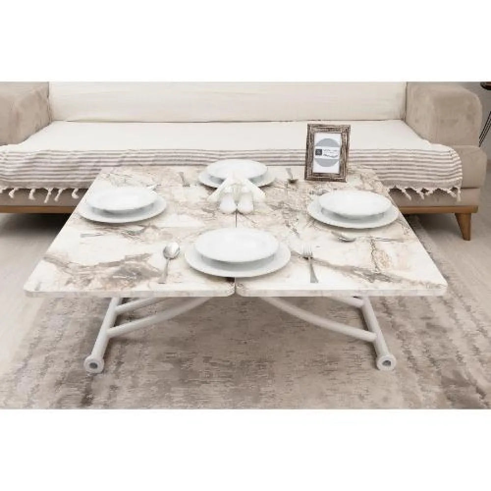 Mini Juppo İçe K Akıllı Sehpa Üst Tabla Mdf Beyaz Mermer Oval Köşe Alt Beyaz Renk