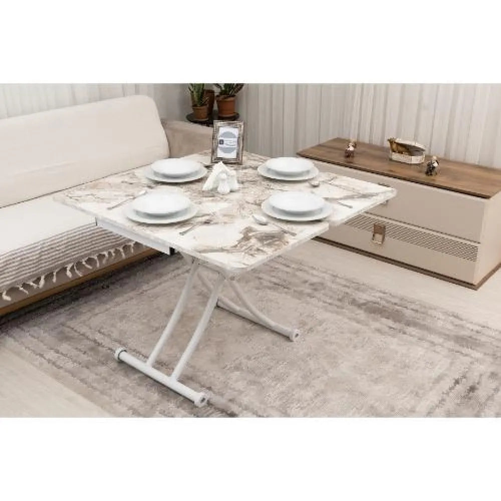 Mini Juppo İçe K Akıllı Sehpa Üst Tabla Mdf Beyaz Mermer Oval Köşe Alt Beyaz Renk