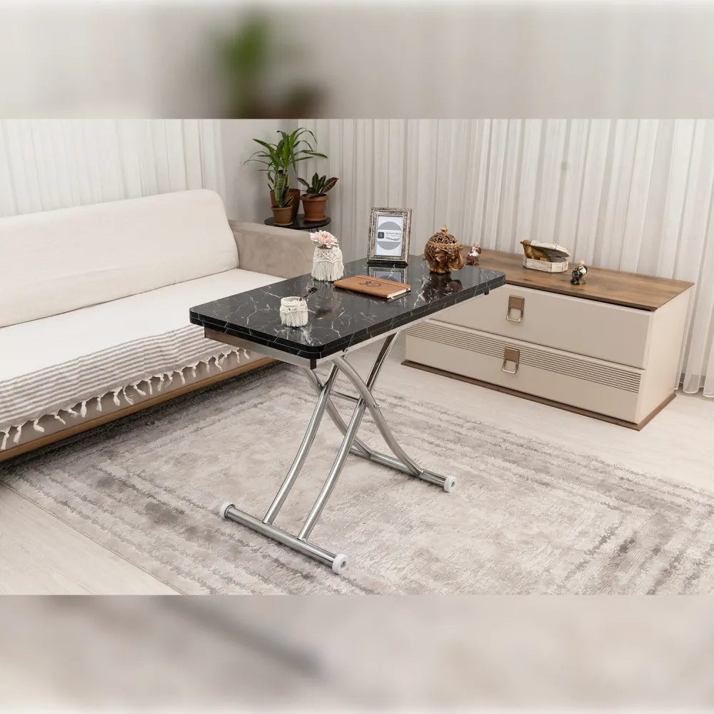 Mini Juppo İçe K Akıllı Sehpa Üst Tabla Mdf Siyah Mermer Oval Köşe Alt Krom Kaplama