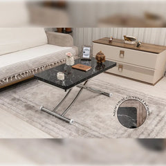 Mini Juppo İçe K Akıllı Sehpa Üst Tabla Mdf Siyah Mermer Oval Köşe Alt Krom Kaplama