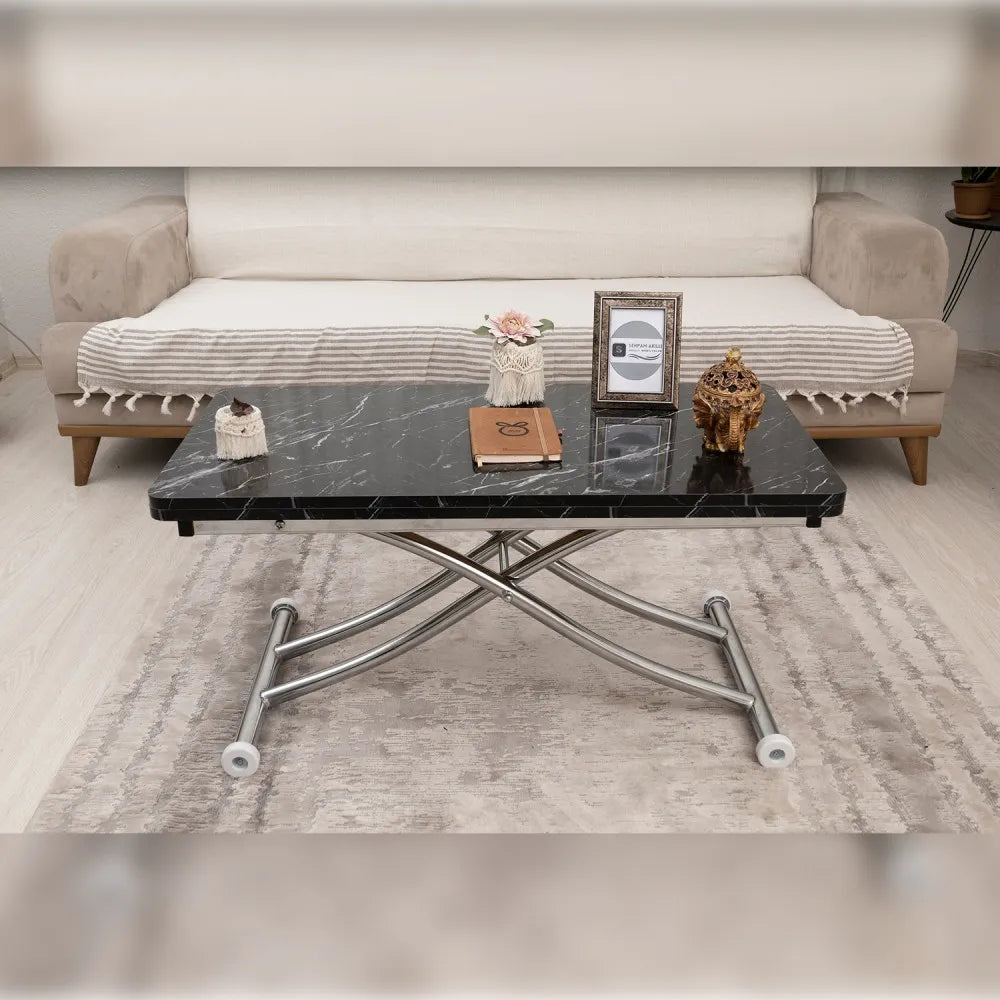 Mini Juppo İçe K Akıllı Sehpa Üst Tabla Mdf Siyah Mermer Oval Köşe Alt Krom Kaplama