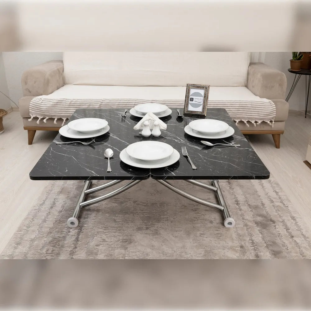 Mini Juppo İçe K Akıllı Sehpa Üst Tabla Mdf Siyah Mermer Oval Köşe Alt Krom Kaplama