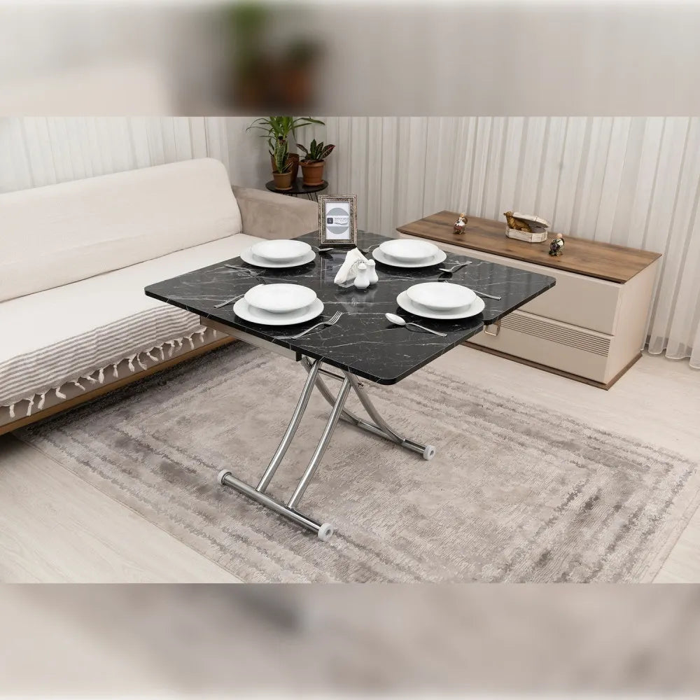 Mini Juppo İçe K Akıllı Sehpa Üst Tabla Mdf Siyah Mermer Oval Köşe Alt Krom Kaplama