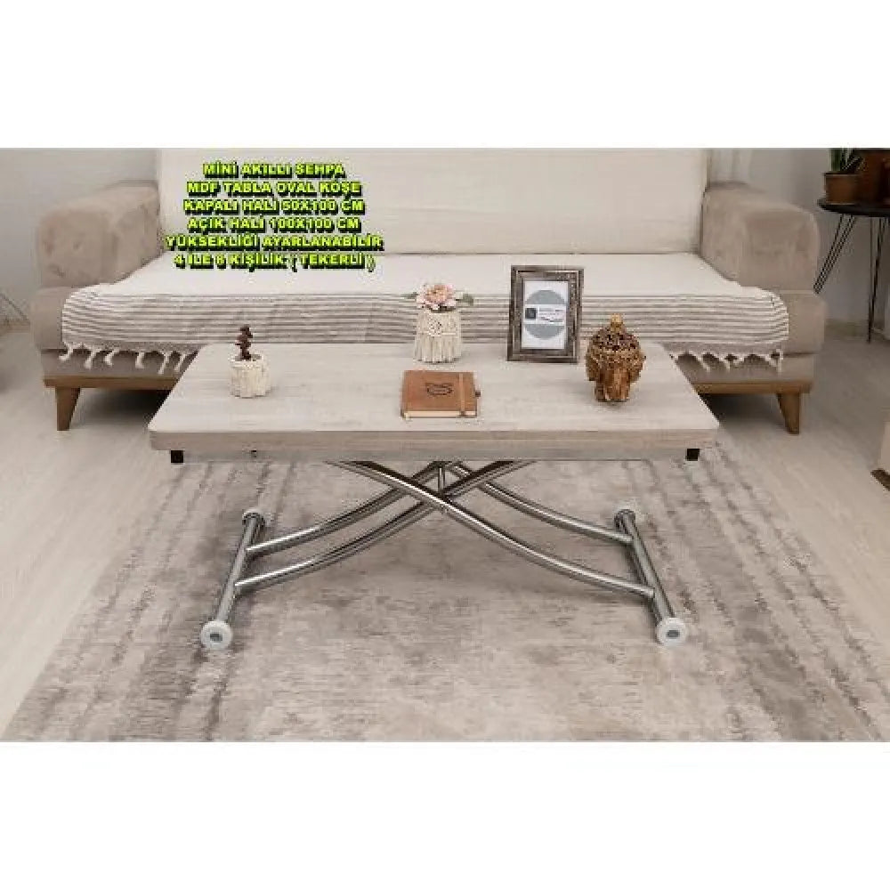 Mini Juppo İçe K Akıllı Sehpa Üst Tabla Mdf Lizbon Oval Köşe Alt Krom Kaplama