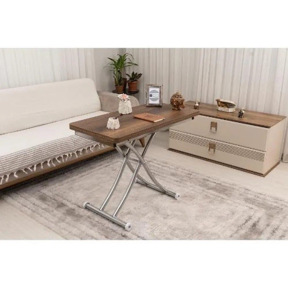 Mini Juppo İçe K Akıllı Sehpa Üst Tabla Mdf Barok Koyu Ceviz Oval Köşe Alt Krom Kaplama