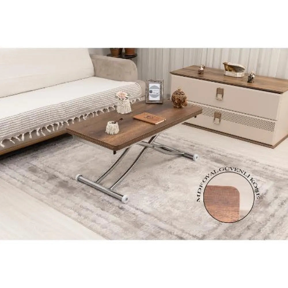 Mini Juppo İçe K Akıllı Sehpa Üst Tabla Mdf Barok Koyu Ceviz Oval Köşe Alt Krom Kaplama