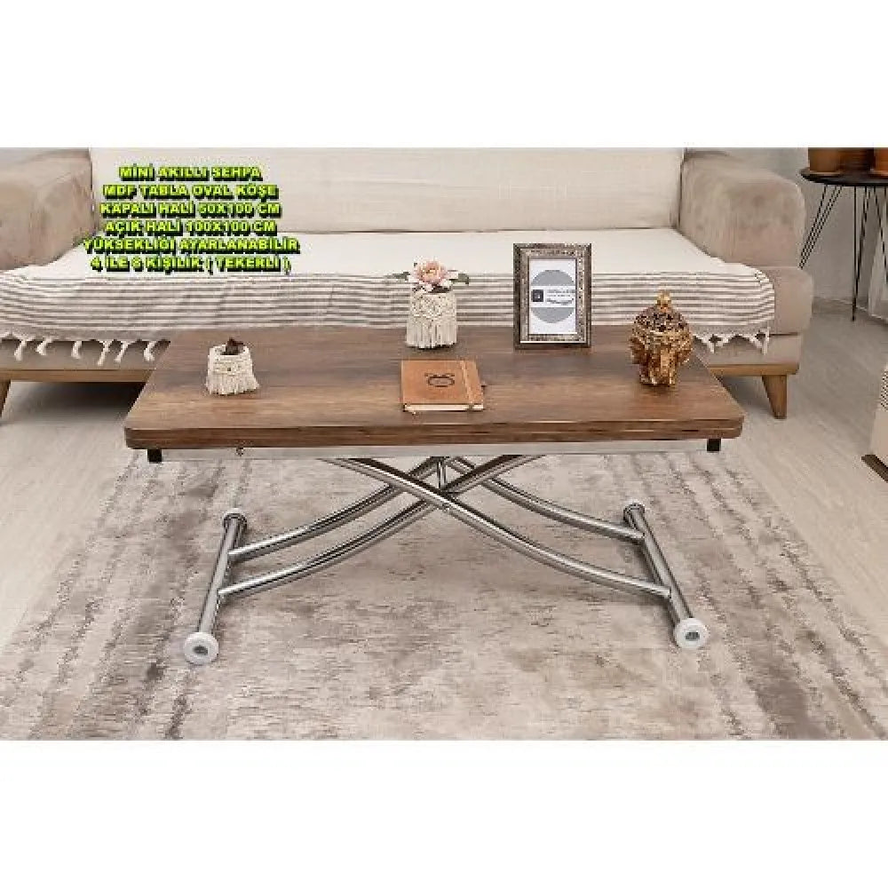 Mini Juppo İçe K Akıllı Sehpa Üst Tabla Mdf Barok Koyu Ceviz Oval Köşe Alt Krom Kaplama