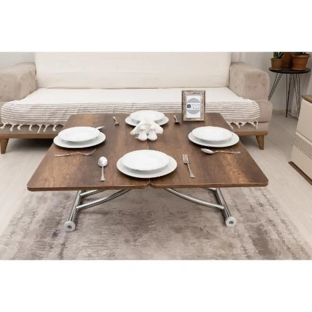 Mini Juppo İçe K Akıllı Sehpa Üst Tabla Mdf Barok Koyu Ceviz Oval Köşe Alt Krom Kaplama