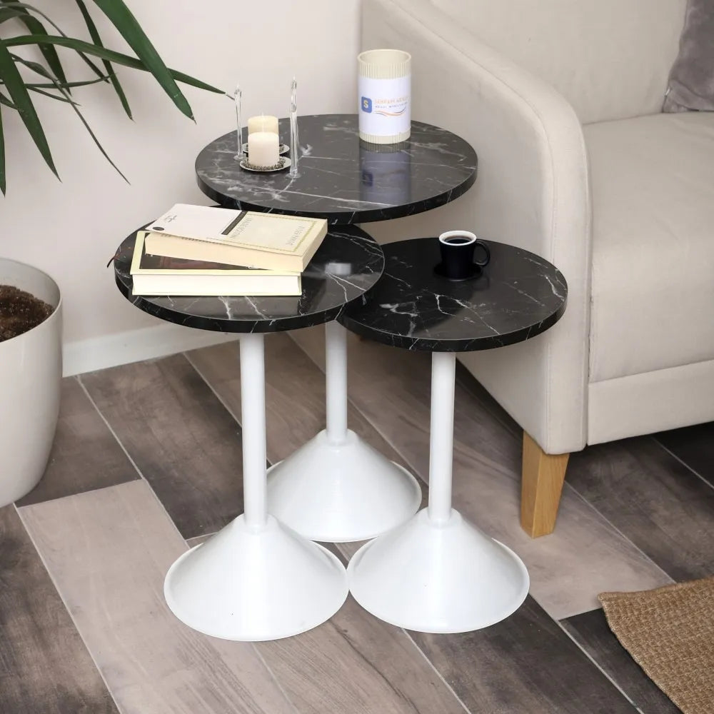 Tablon Zigon Sehpa Mdf Tabla Siyah Mermer Desen Alt Mekanizma Demir Beyaz Renk