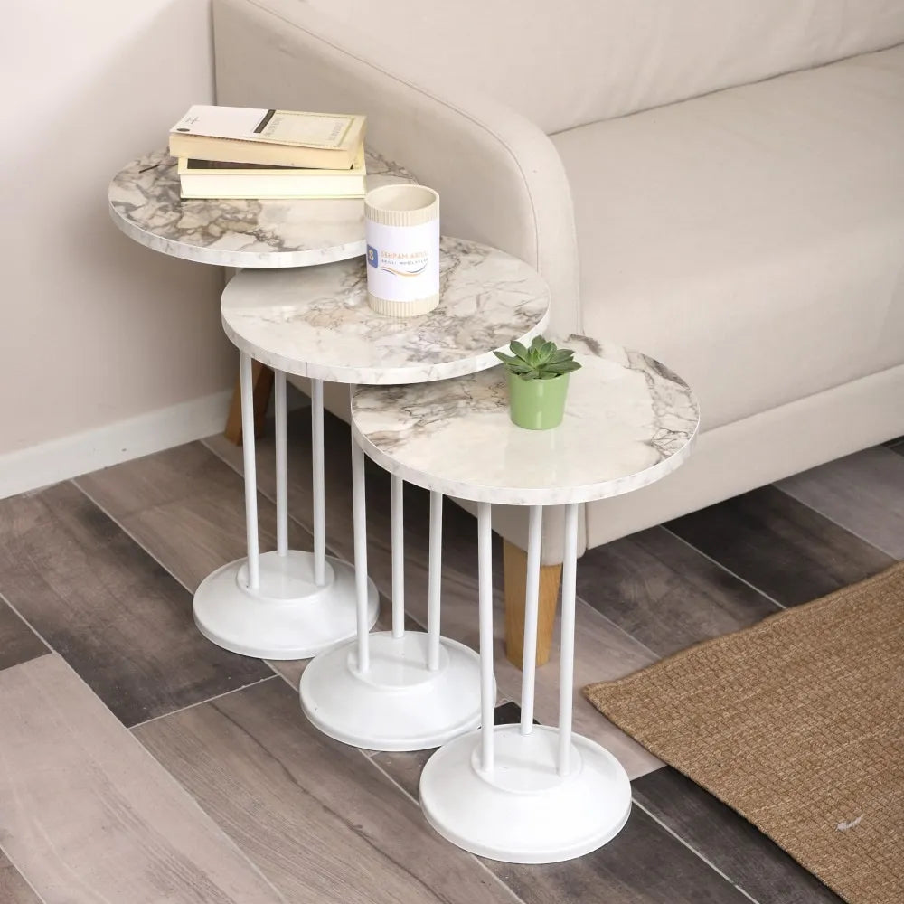 Marbella Zigon Sehpa Mdf Tabla Beyaz Mermer Desen Alt Mekanizma Demir Beyaz Renk