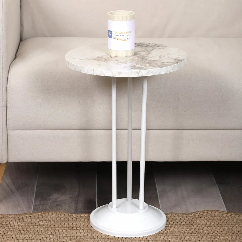 Marbella Zigon Sehpa Mdf Tabla Beyaz Mermer Desen Alt Mekanizma Demir Beyaz Renk
