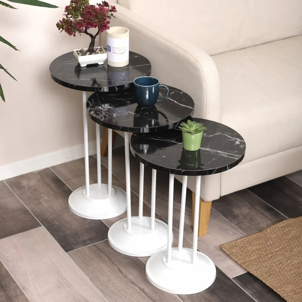 Marbella Zigon Sehpa Mdf Tabla Siyah Mermer Desen Alt Mekanizma Demir Beyaz Renk