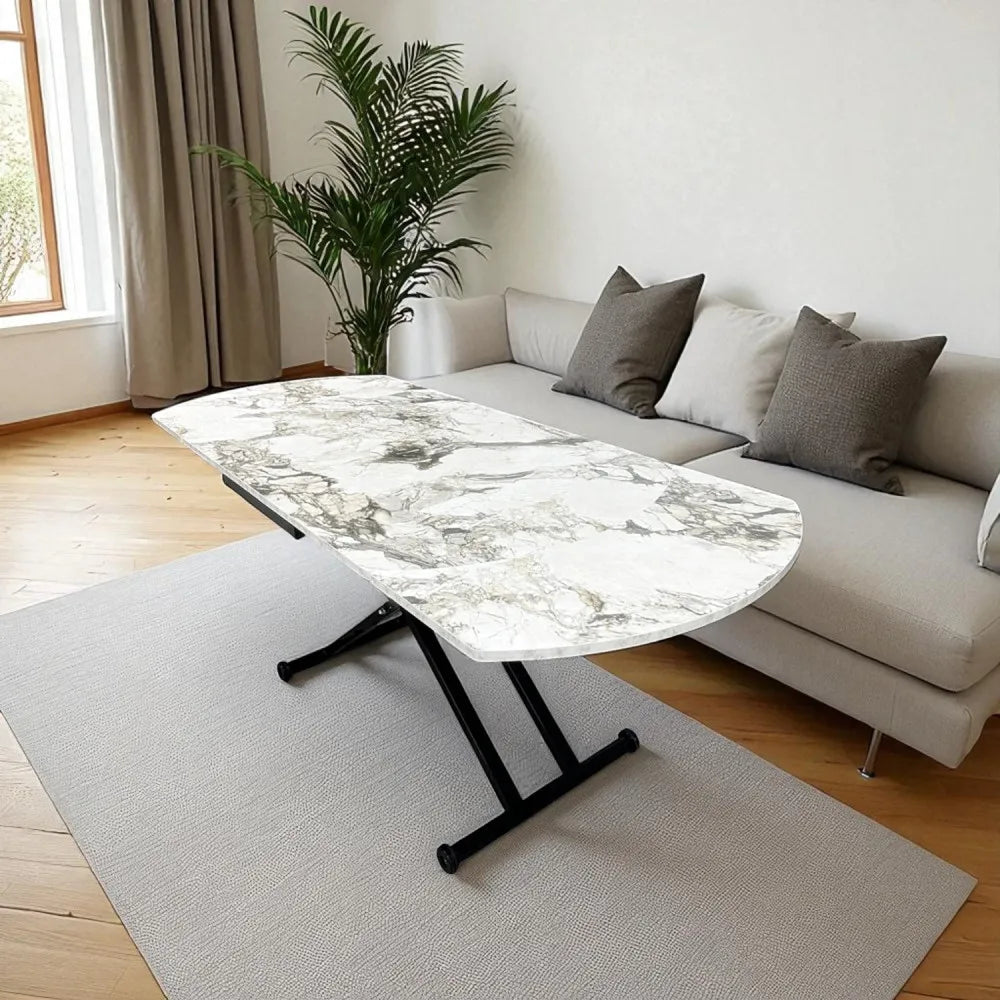 Oval Yan Baştan Açılır Akıllı Masa Üst Mdf Beyaz Mermer Desen Alt Ayak Siyah Renk