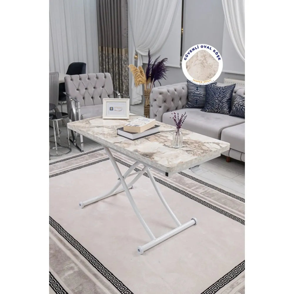 Juppo Üst Tabla Mdf Beyaz Mermer Desen Oval Köşe Alt Ayak Yuvarlak Beyaz İçe Kıvrım