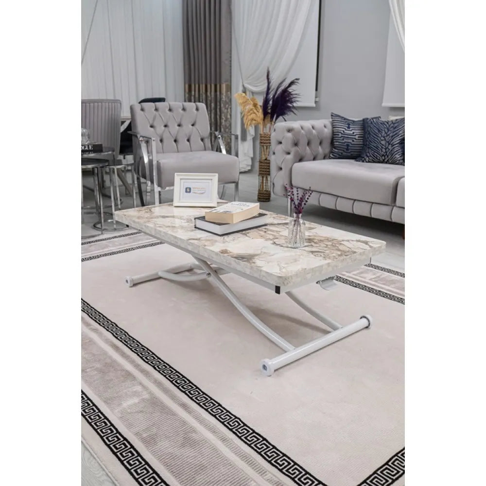 Juppo Üst Tabla Mdf Beyaz Mermer Desen Oval Köşe Alt Ayak Yuvarlak Beyaz İçe Kıvrım