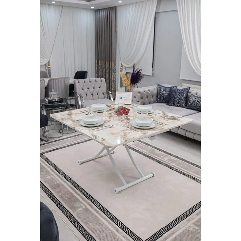 Juppo Üst Tabla Mdf Beyaz Mermer Desen Oval Köşe Alt Ayak Yuvarlak Beyaz İçe Kıvrım