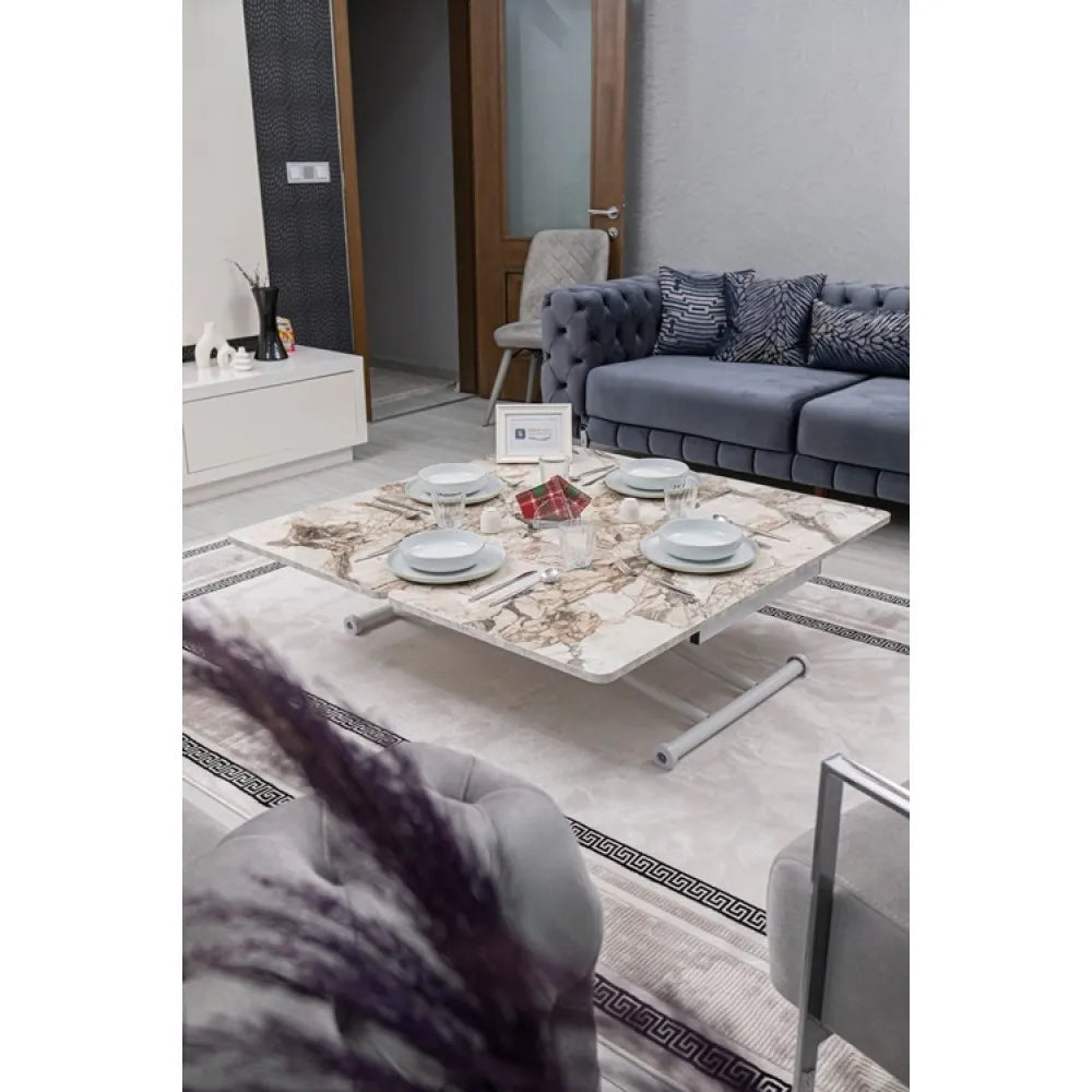 Juppo Üst Tabla Mdf Beyaz Mermer Desen Oval Köşe Alt Ayak Yuvarlak Beyaz İçe Kıvrım