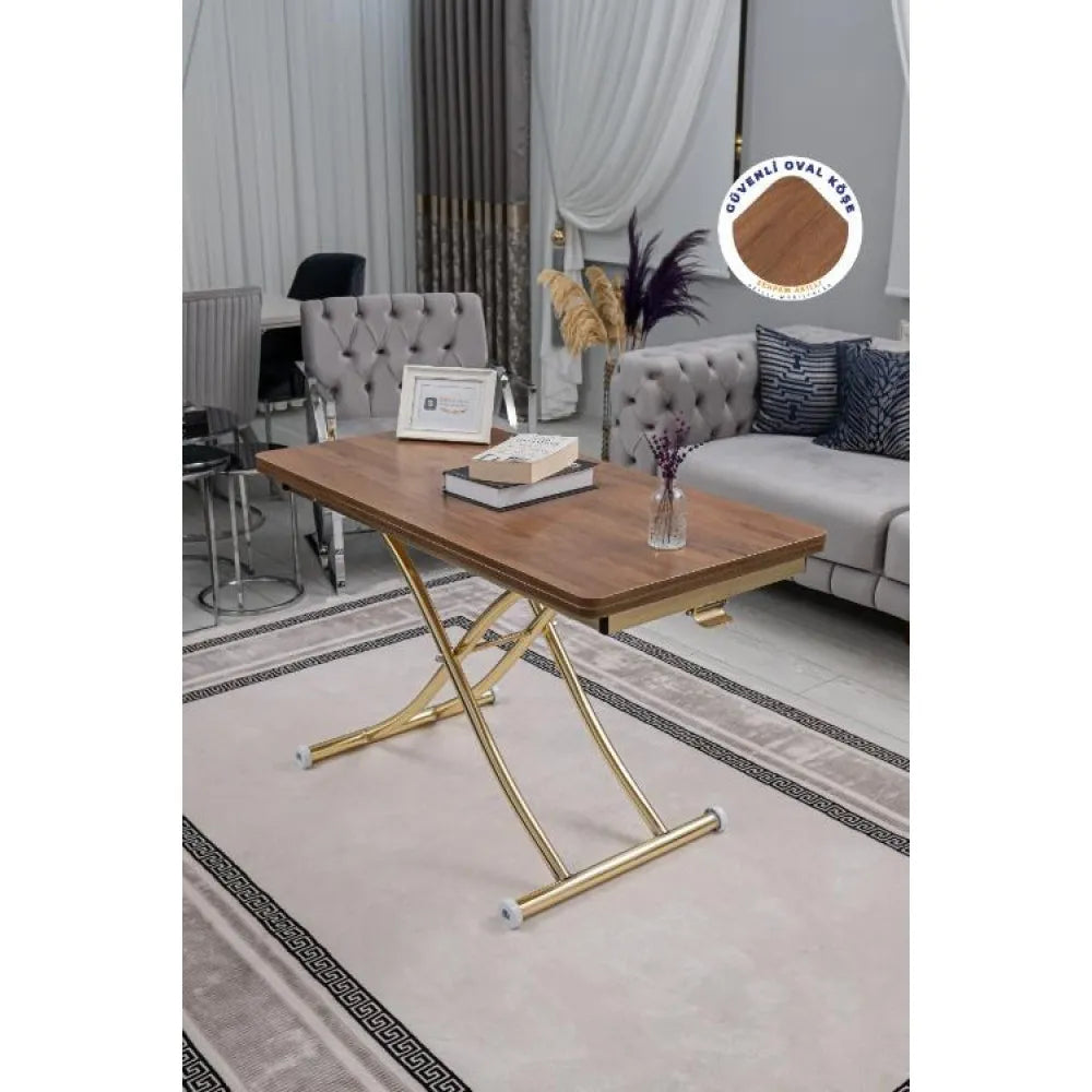 Juppo Üst Tabla Mdf Ceviz Oval Köşe Alt Ayak Yuvarlak Gold Kaplama İçe Kıvrım