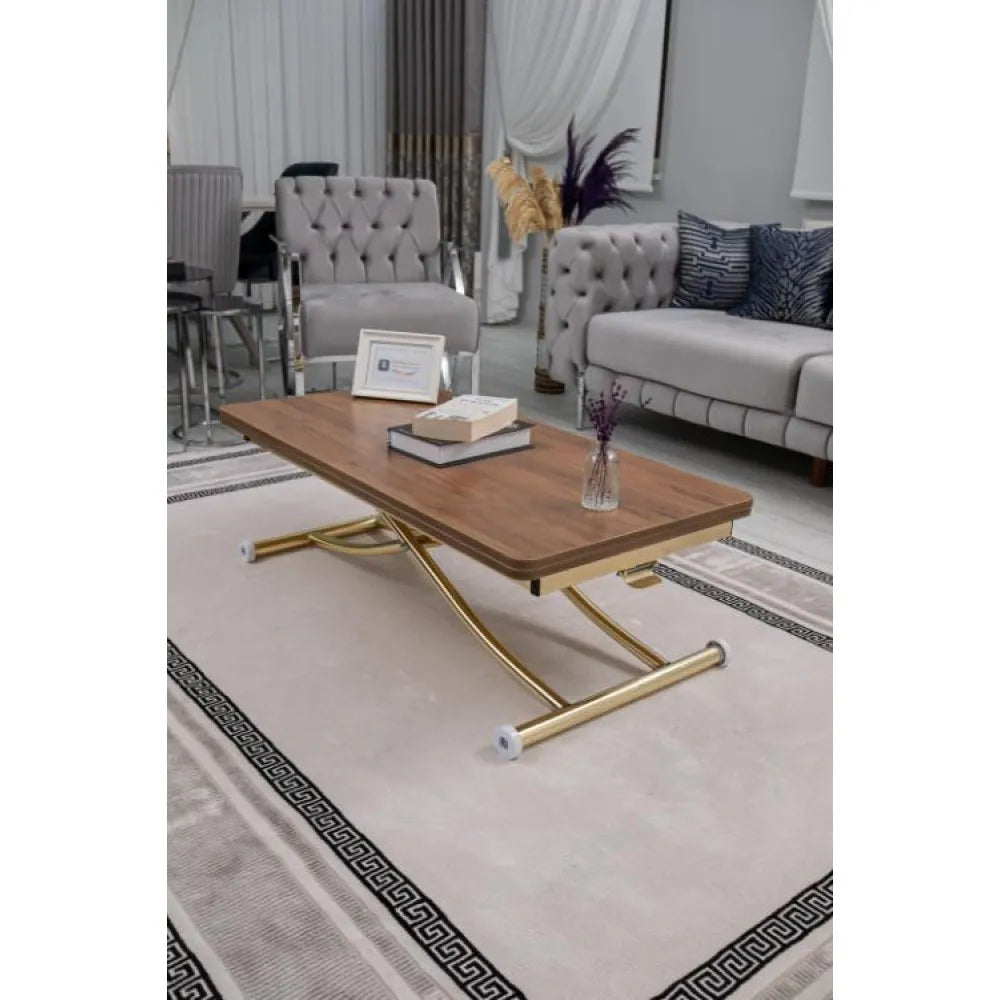 Juppo Üst Tabla Mdf Ceviz Oval Köşe Alt Ayak Yuvarlak Gold Kaplama İçe Kıvrım