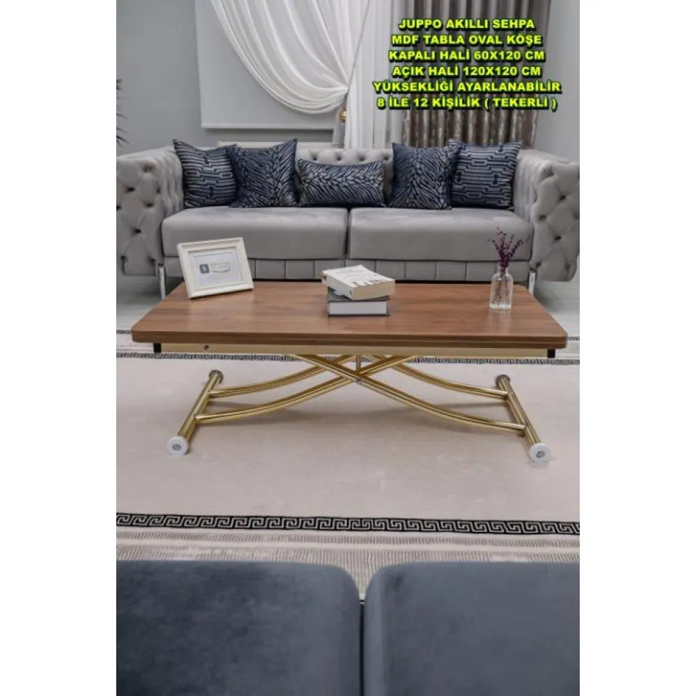 Juppo Üst Tabla Mdf Ceviz Oval Köşe Alt Ayak Yuvarlak Gold Kaplama İçe Kıvrım