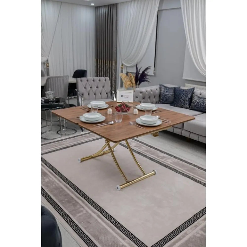 Juppo Üst Tabla Mdf Ceviz Oval Köşe Alt Ayak Yuvarlak Gold Kaplama İçe Kıvrım