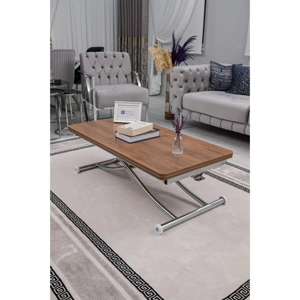 Juppo Üst Tabla Mdf Ceviz Oval Köşe Alt Ayak Yuvarlak Krom Kaplama İçe Kıvrım