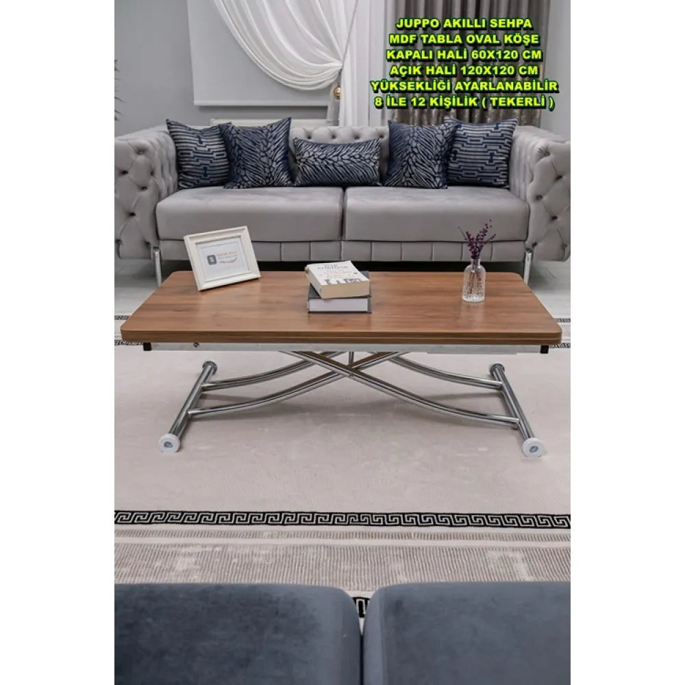 Juppo Üst Tabla Mdf Ceviz Oval Köşe Alt Ayak Yuvarlak Krom Kaplama İçe Kıvrım