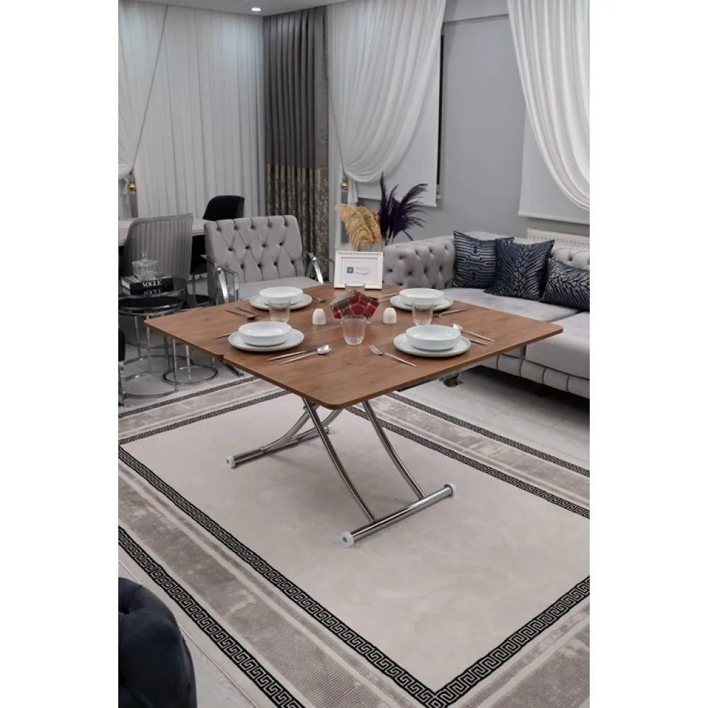 Juppo Üst Tabla Mdf Ceviz Oval Köşe Alt Ayak Yuvarlak Krom Kaplama İçe Kıvrım